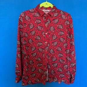 Vintage 1970s Polyester Red Paisley Button Down Blouse Shirt